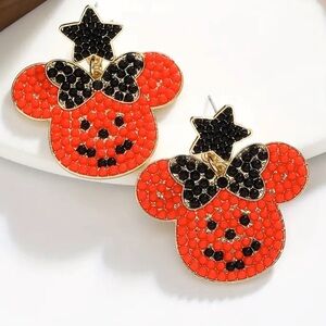 Halloween Minnie Mickey Disney Rhinestone Pumpkin Black Bow Dangle Earrings